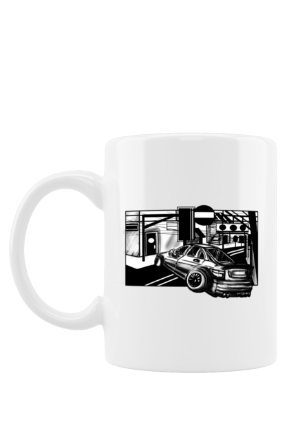 Чашка з принтом "Небезпечний Автомобіль на дорогах вулиць". Автомобіль, гонки, машина, небезпечний, чорно білий, швидкий. 2070702