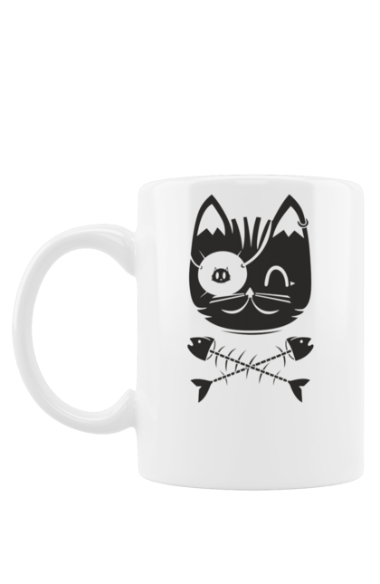 Чашка з принтом "Кіт пірат". Кістки, кіт, крутий малюнок, милі рисунки, пірати, риба, тварини, череп. 2070702