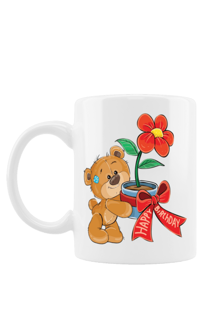 Чашка з принтом "Ведмедик з квіткою, з днем народження". Ведмідь, день народження, квітка, медвеженок. CustomPrint.market