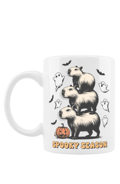 Mug with prints Capybara Halloween. Animal, capybara, ghost, halloween, holiday, moon, pumpkin, rodent. 2070702