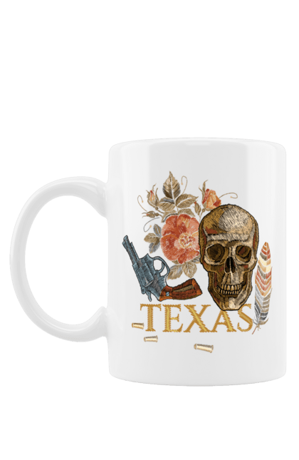 Чашка з принтом "Техас". Зброя, квітка, перо, револьвер, техас, троянда, череп. futbolka.stylus.ua