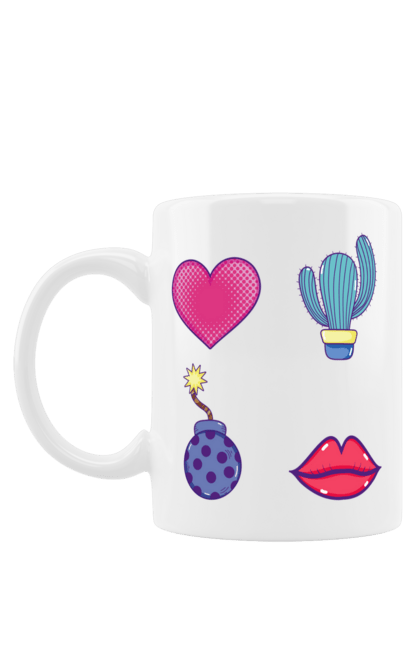 Чашка з принтом "Серце, Кактус, Бомба, Губи". Бомба, губи, кактус, серце. 2070702