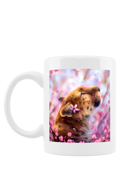 Чашка з принтом "Леопард весняний". Весна, гіпард, квіти, леопард, сакура, тварина. futbolka.stylus.ua