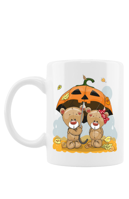 Чашка з принтом "Ведмедики під дощем і парасолькою". Ведмедики, ведмідь, дощ, осінь, парасолька. CustomPrint.market