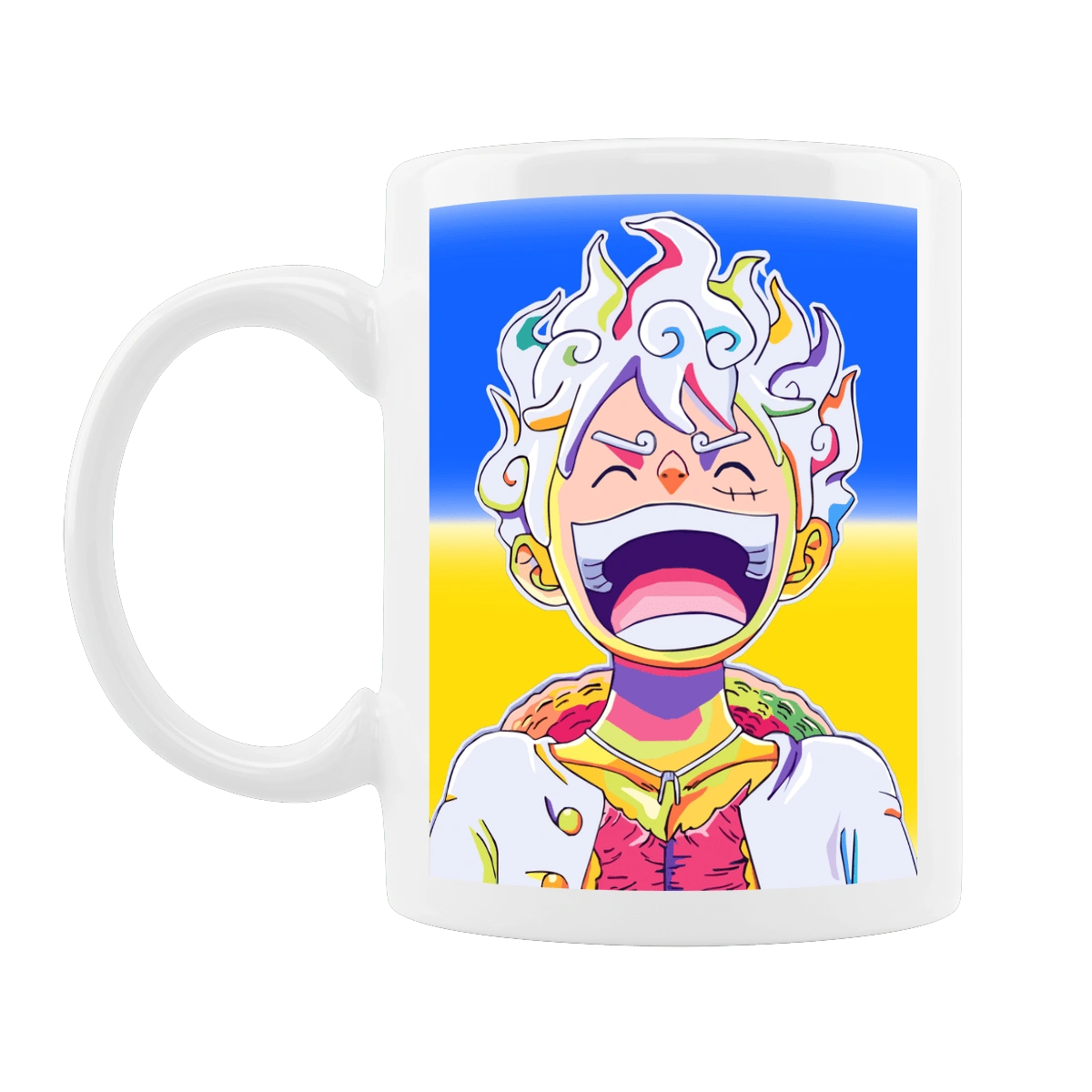 Монки д Луффи смеется на желтом синем фоне.