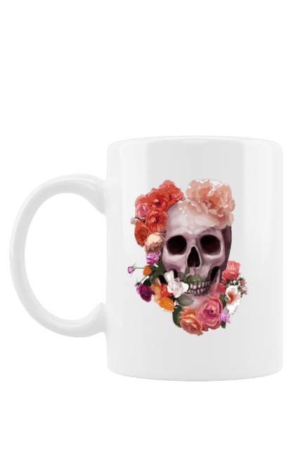 Чашка з принтом "Череп та півонії". Квіти, квітка, півонії, скелет, череп. CustomPrint.market