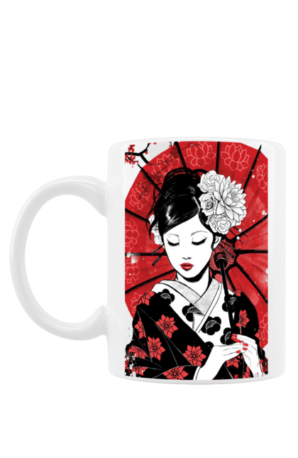 Чашка з принтом "Японка з червоною парасолькою". Квітка, китай, кімано, парасолька, сакура, японка. futbolka.stylus.ua