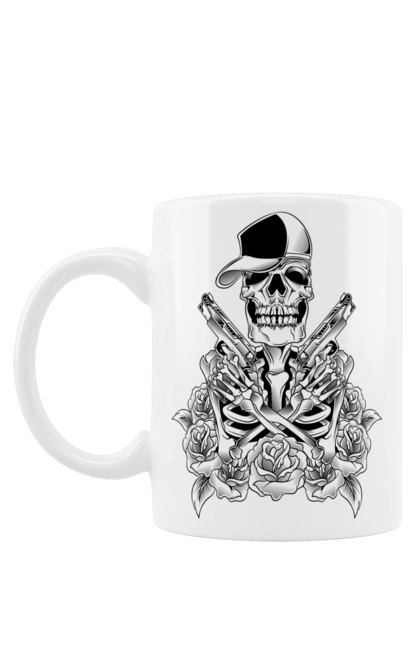 Mug with prints Skeleton with pistols. Black and white, bones, cap, gun, roses, scull, skeleton, teeth. 2070702