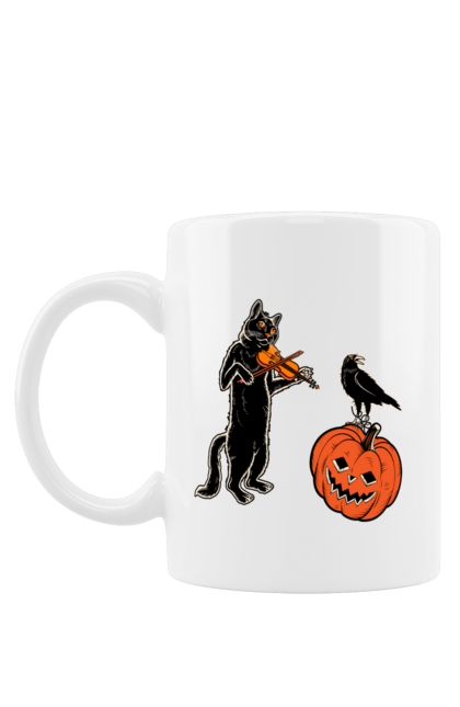 Чашка з принтом "Чорний кіт грає на скрипці". Гарбуз, кіт, кішка, кот, ліхтар джека, скрипка, тыква, фонарь джека, хеллоуин. CustomPrint.market