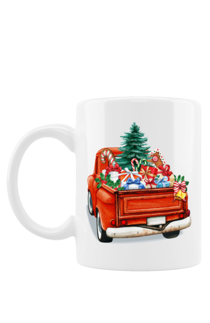 Mug with prints Car with gifts. Car, christmas, new year, presents, santa, tree. 2070702