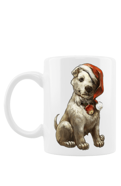 Чашка з принтом "Зимовий собака з новорічною шапкою". Зима, новий рік, різдво, сніг, собака. CustomPrint.market