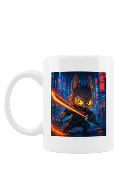 Чашка з принтом "Лабубу". Аніместиль, дія, катана, кіберніндзя, кіберпанк, лабубу, меч, неонове місто, очі` що світяться. 2070702