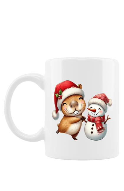 Mug with prints Capybara and Snowman. Animal, capybara, christmas, christmas capybara, gift, holiday, new year, new year`s gift, santa, snowman. 2070702