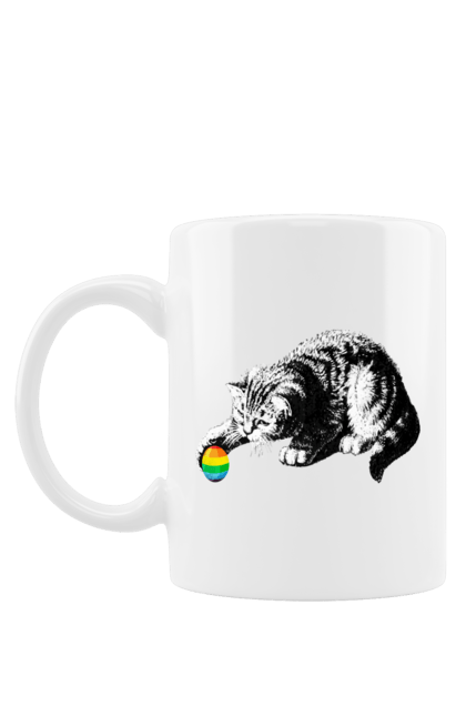 Чашка з принтом "Кіт із м`ячем". Веселка, гей, кіт, кішка, кошеня, лгбт, лесбі, прайд, прапор. futbolka.stylus.ua