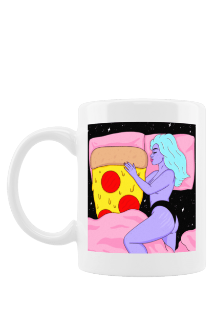 Чашка з принтом "Фіолетова Дівчина І Піца". Дівчина, ліжко, піца. 2070702