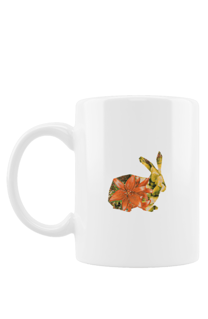 Чашка з принтом "Квітковий кролик". Квіти, квітка, клумба, кролик, лілії, оранжева лілія, оранжевий, природа, рослини, сад, тварина, форма, форма кролика. futbolka.stylus.ua