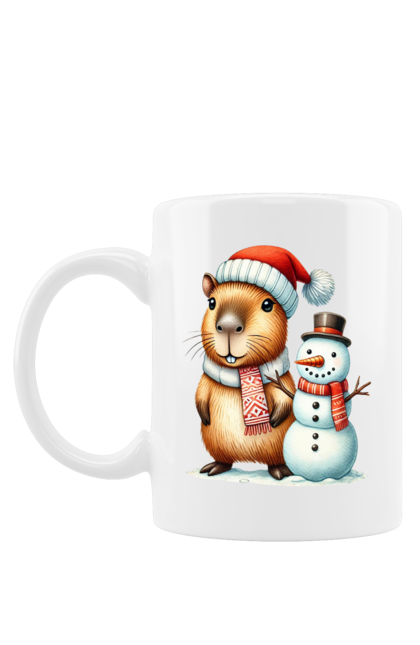 Mug with prints Capybara and Snowman. Animal, capybara, christmas, christmas capybara, gift, holiday, new year, new year`s gift, santa, snowman. 2070702