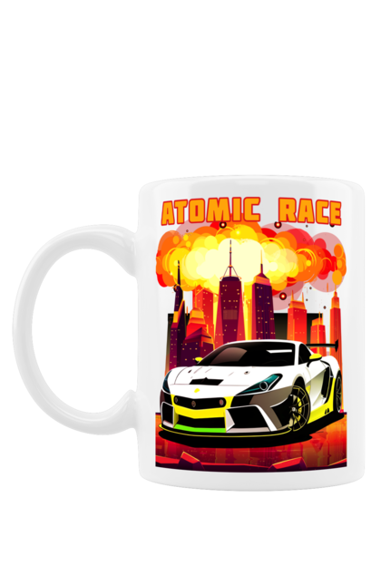 Mug with prints Atomic race. Atomic race, automobile, car, race, racing cars, sport car, sports car. 2070702