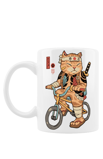 Чашка з принтом "Кіт на велосипеді". Велосипед, кинжал, китайський кіт, кіт, самурай, шабля, японський кіт. CustomPrint.market