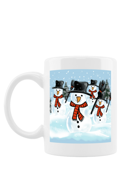 Чашка з принтом "Новорічні сніговики". 2022, зима, настрій, новий рік, радість, різдво, святкування, свято, сезон, сніг, сніговик, снігопад, холод. ART принт на футболках