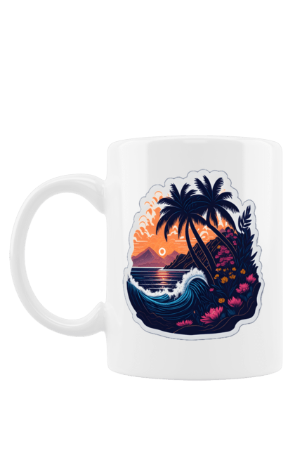 Чашка з принтом "Дивовижна пальма біля моря на закаті сонця". Закат сонця, море, пальма. futbolka.stylus.ua