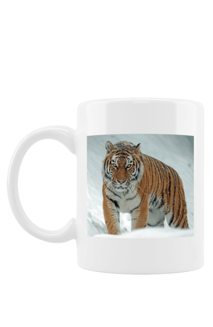 Чашка з принтом "Тигр у снігу". Велика кішка, великий кіт, дика природа, дикий, звір, зуби, погляд, портрет, природа, стилізація, тварина, тигр, хижак. futbolka.stylus.ua