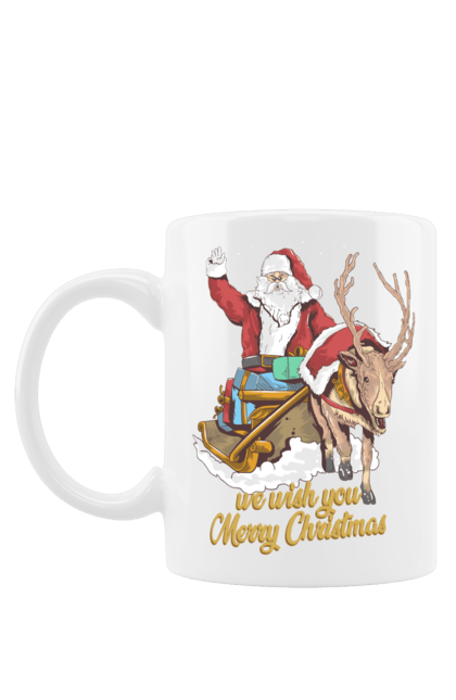 Чашка з принтом "Санта клаус на санях". Зима, новий рік, олень, різдво, сани, санта, санта клаус, сніг, щасливого різдва. futbolka.stylus.ua
