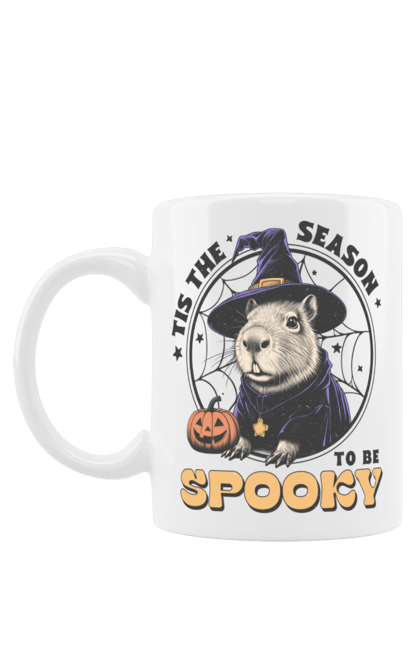 Mug with prints Capybara Halloween. Animal, capybara, ghost, halloween, holiday, moon, pumpkin, rodent, witch. 2070702