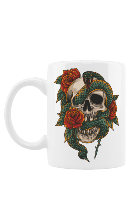 Чашка з принтом "Череп зі змією". Змія, зуби, квіти, кістки, луска, троянди, череп, шипи. 2070702