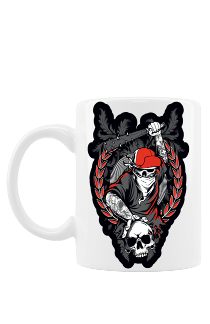 Mug with prints Skeleton with a bat. Bit, bones, cap, gang, nails, scull, skeleton, tattoo, teeth. 2070702