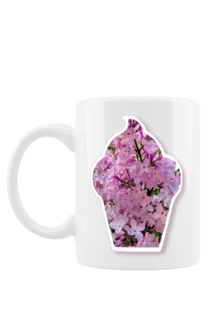 Чашка з принтом "Капкейк бузок". Бузок, капкейк, квіти, кекс, кексик, ніжний, природа, рожевий, солодке. CustomPrint.market