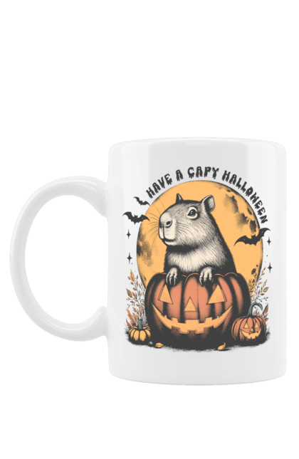 Чашка з принтом "Капібара Хелловін". Capybara, halloween, водосвинка, гарбуз, гризун, капібара, місяць, свято, тварина, хелловін. 2070702