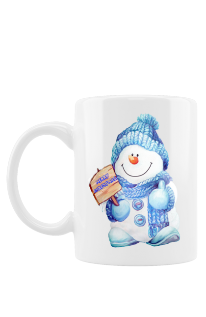 Чашка з принтом "Сніговик з табличкою щасливого Різдва". Зима, новий рік, різдво, сніговик. futbolka.stylus.ua