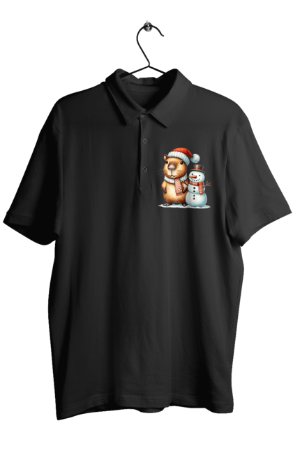 Men's polo with prints Capybara and Snowman. Animal, capybara, christmas, christmas capybara, gift, holiday, new year, new year`s gift, santa, snowman. 2070702