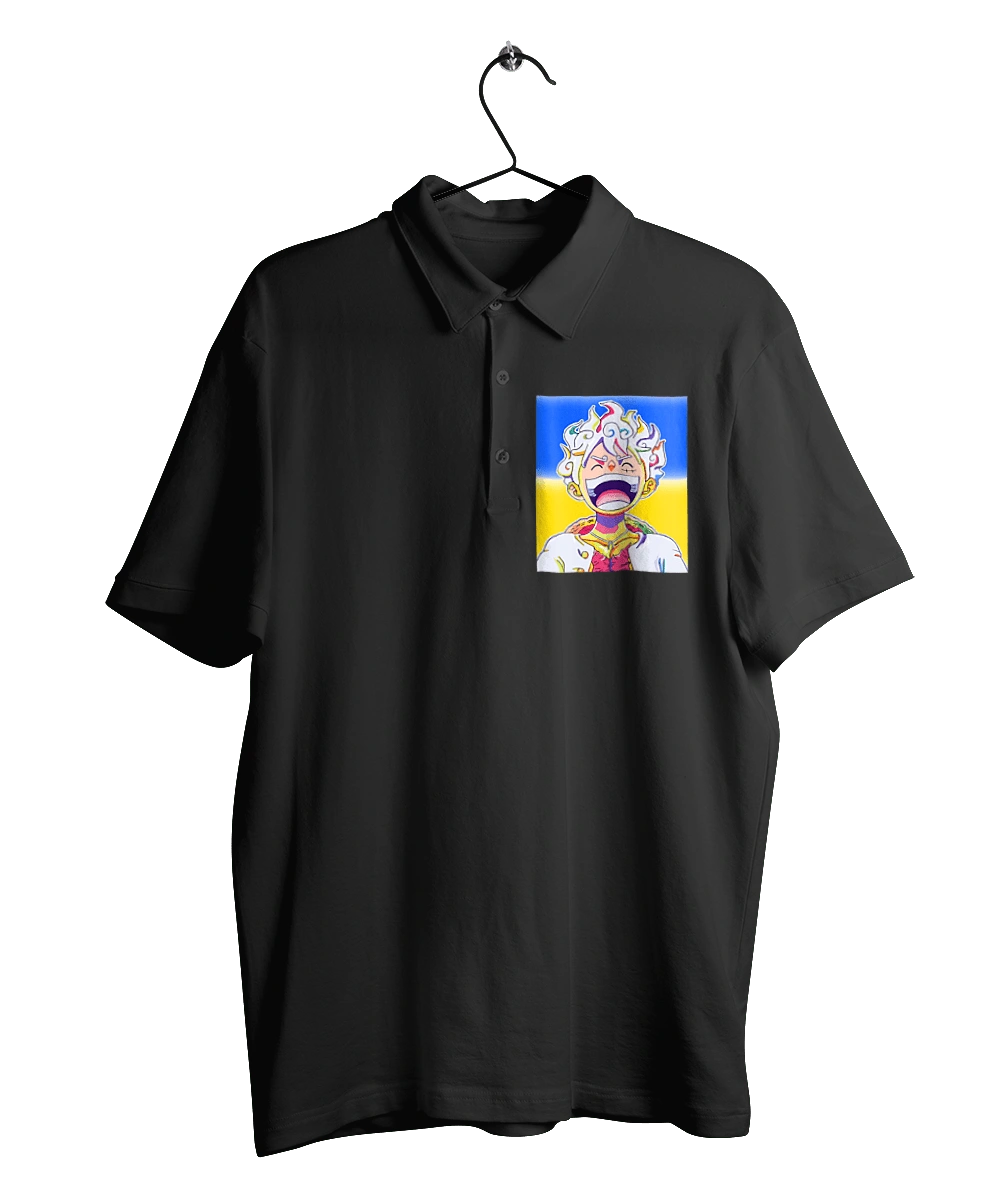 Монки д Луффи смеется на желтом синем фоне.