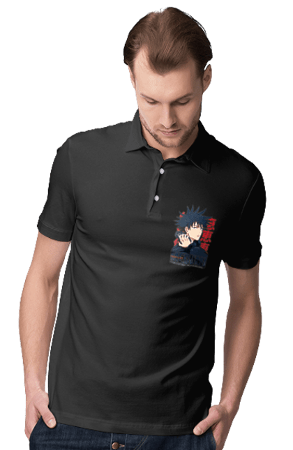 Men's polo with prints Jujutsu Kaisen Megumi. Anime, dark fantasy, fushiguro, fushiguro megumi, jujutsu kaisen, magic battle, manga, megumi, mystic. 2070702