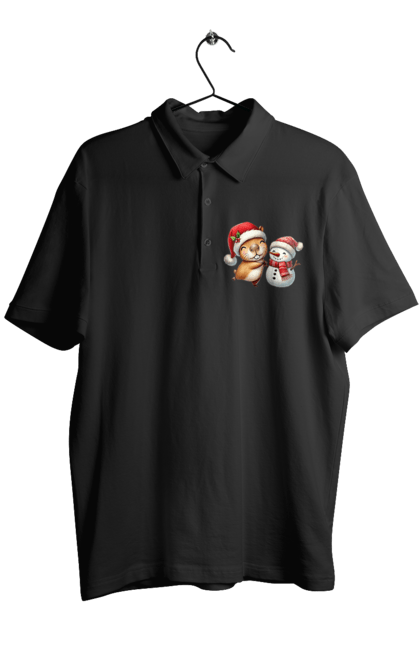 Men's polo with prints Capybara and Snowman. Animal, capybara, christmas, christmas capybara, gift, holiday, new year, new year`s gift, santa, snowman. 2070702