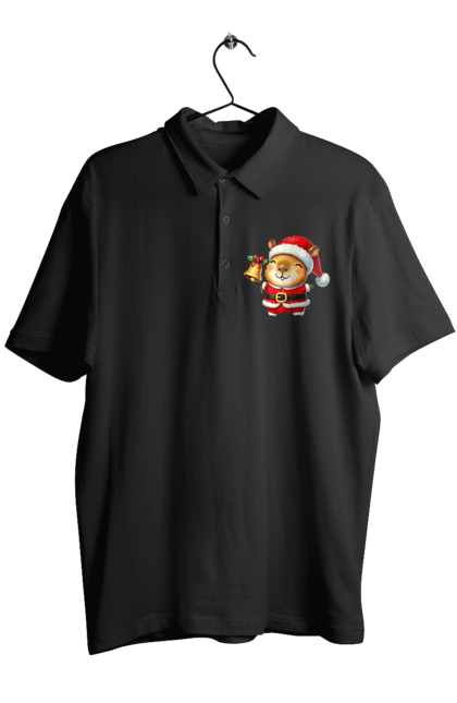 Men's polo with prints Funny capybara with a bell. Animal, bell, capybara, christmas, christmas capybara, gift, holiday, new year, new year`s gift, santa. 2070702