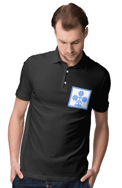 Поло чоловіче з принтом "Жовто блакитна вишивка квіти". Вишивка, вишивка хрестиком, квіти, символ україни, традиції україни, україна. 2070702