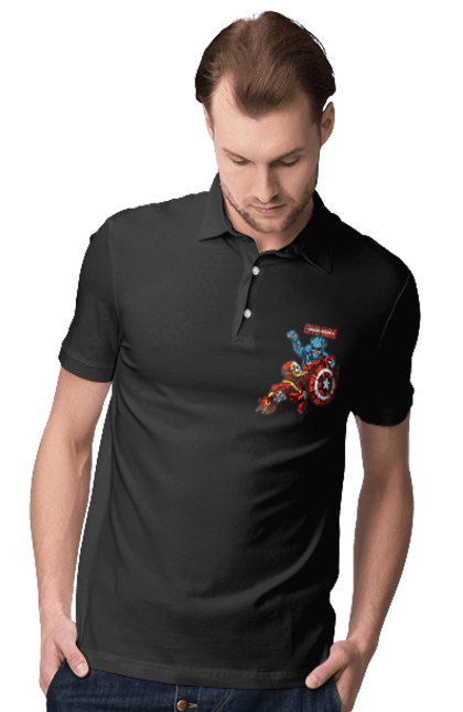 Men's polo with prints Iron Man vs Captain America. Avengers, captain america, civil war, comic, comics, film, iron man, marvel, marvel comics, tony stark. 2070702