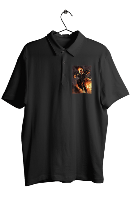 Поло чоловіче з принтом "Пекельний Гонщик". Вогонь, мотоцикл, пекельний гонщик, скелет, чоппер. 2070702