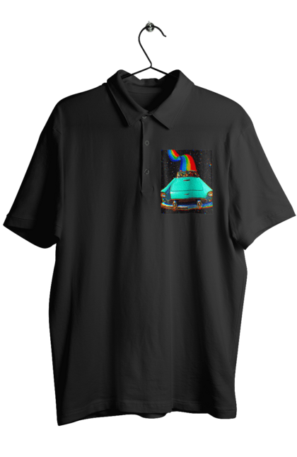 Поло мужское с принтом Картина, машина в космосе. Картина, космос, машина, поездка, прикол, путешествия, радуга, ретро. 2070702