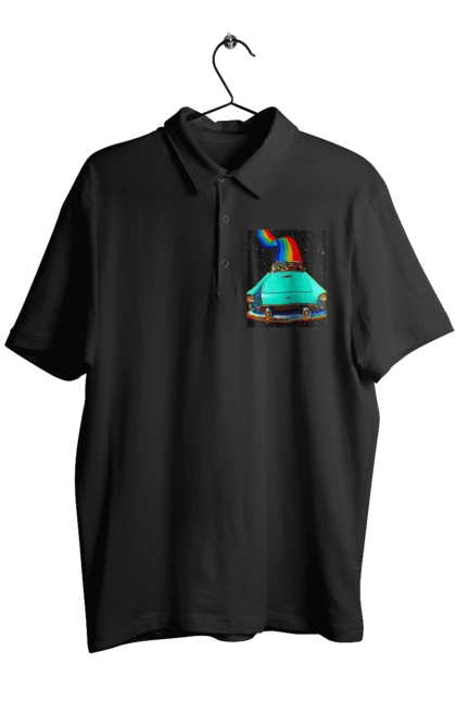 Поло мужское с принтом Картина, машина в космосе. Картина, космос, машина, поездка, прикол, путешествия, радуга, ретро. 2070702