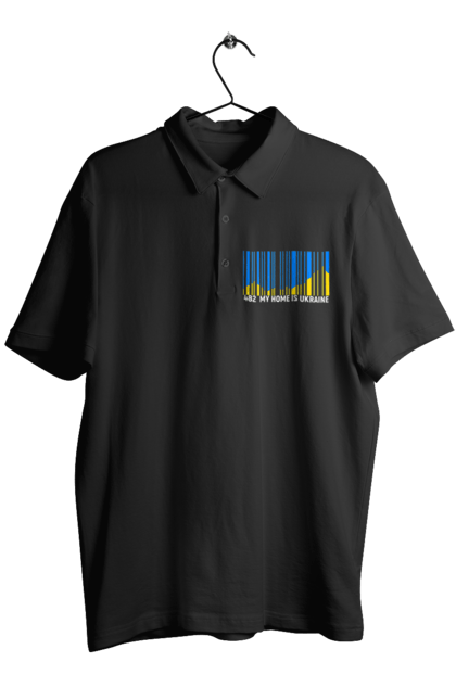 Поло чоловіче з принтом "Мій дім це  Україна". Батьківщина, гори, державний знак, мій дім, моя держава, синє небо, україна, штрих код. 2070702