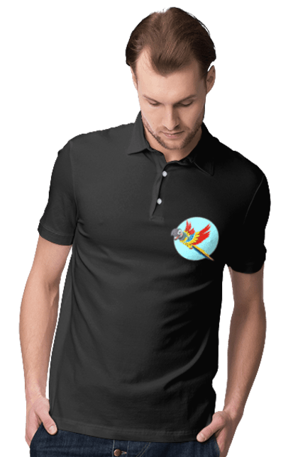 Поло чоловіче з принтом "Папуга". Барвистий папуга, какаду, кольоровий папуга, папуга, що летить. 2070702