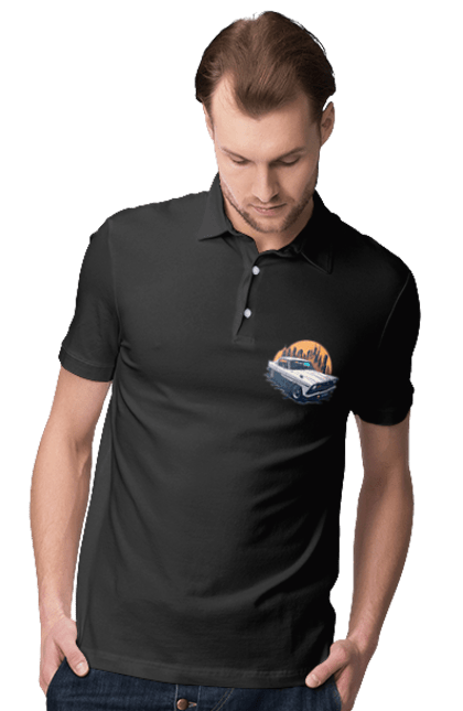 Поло чоловіче з принтом "Вінтажне зображення авто". Автомобіль, вінтажне зображення, місто. 2070702