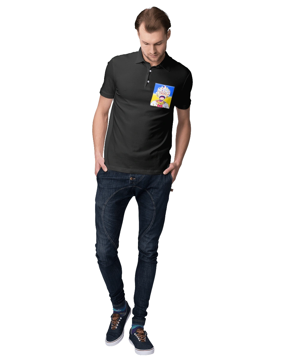 Монки д Луффи смеется на желтом синем фоне.