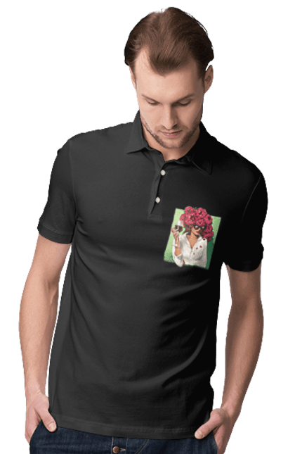 Поло чоловіче з принтом "Дівчина з півоніями та келихом". Вино, дівчина, квітка, келих, літо, окуляри, півонії, сорочка. 2070702