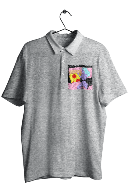 Men`s polo with prints Purple Girl And Pizza. Bed, girl, pizza. 2070702