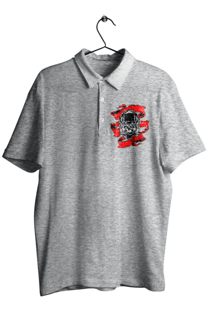 Men`s polo with prints Skull in a motorcycle helmet. Helmet, moto, skull, tape. 2070702